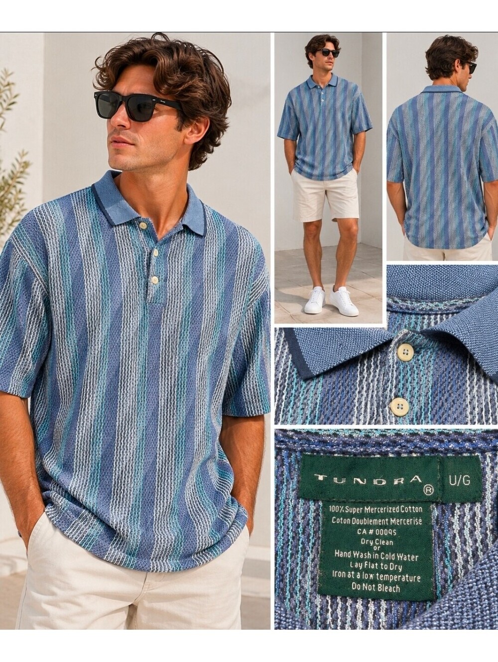 Vintage Tundra Polo Shirt Mercerized Cotton Striped Textured 90s Blue Teal